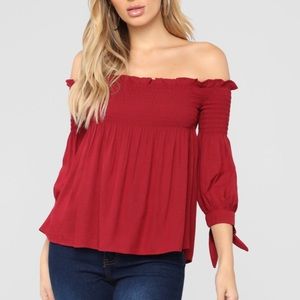 off-the-shoulder top w/ smock detail + sleeve ties